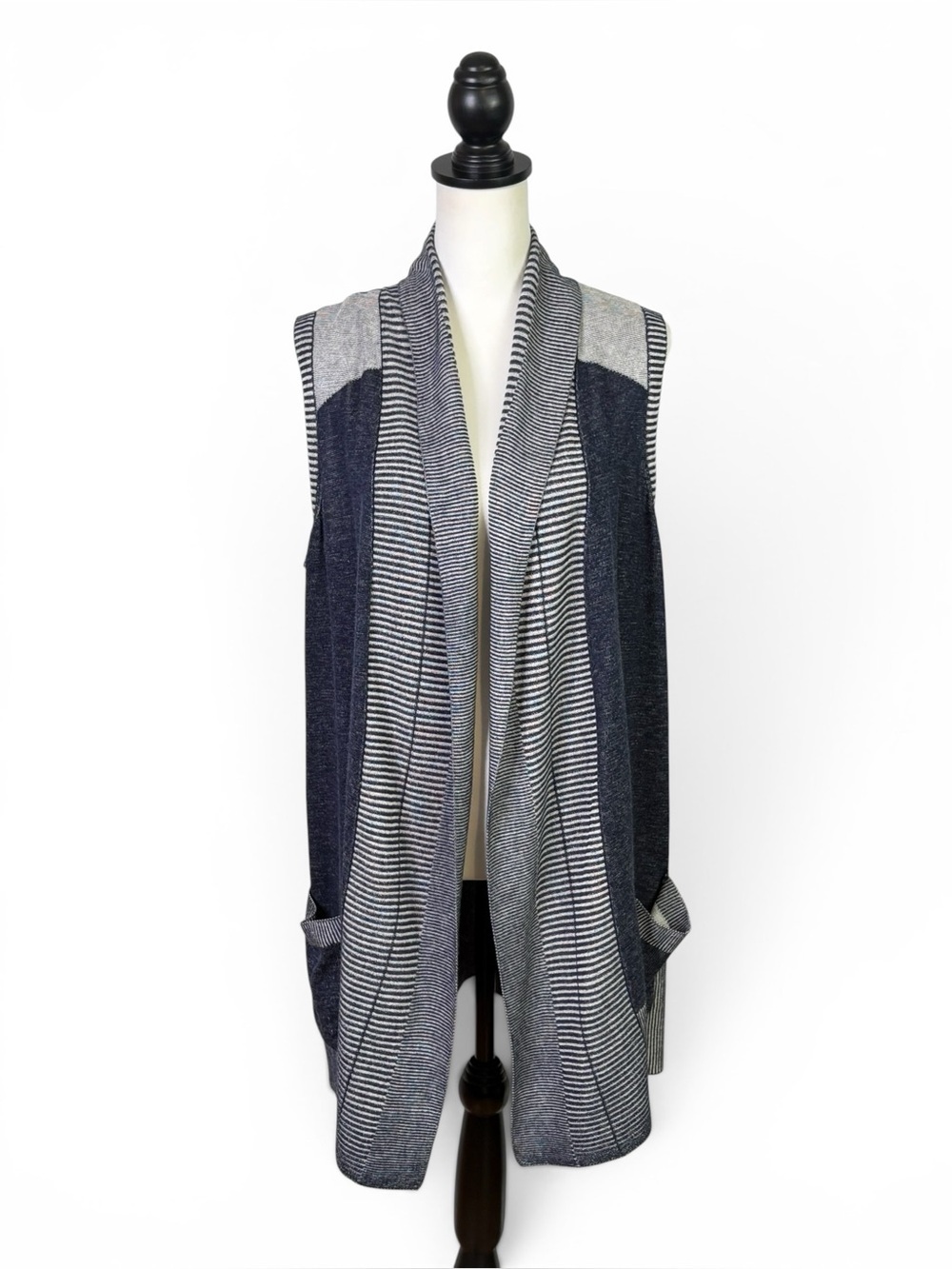 Chicos 2 Navy Gray Striped Draped Open Front Long Cardigan Sweater L Pockets